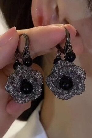 Black Lace Rose Drop Earrings -141